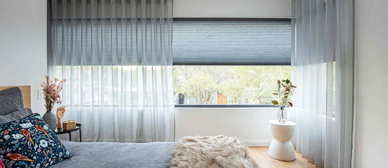 honeycomb blinds with sheer curtains