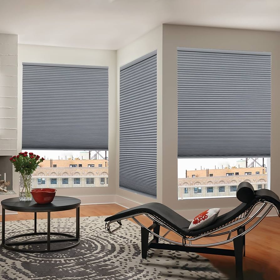 blue honeycomb blinds in the lounge