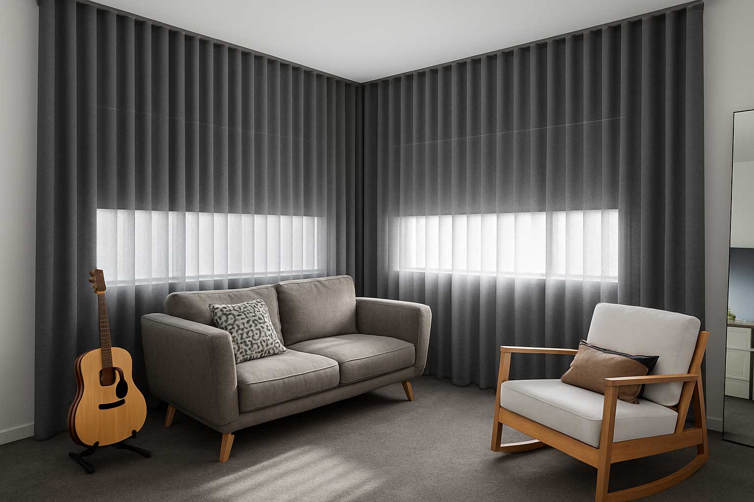 black-sheer-curtains-paired-with-roller-blinds